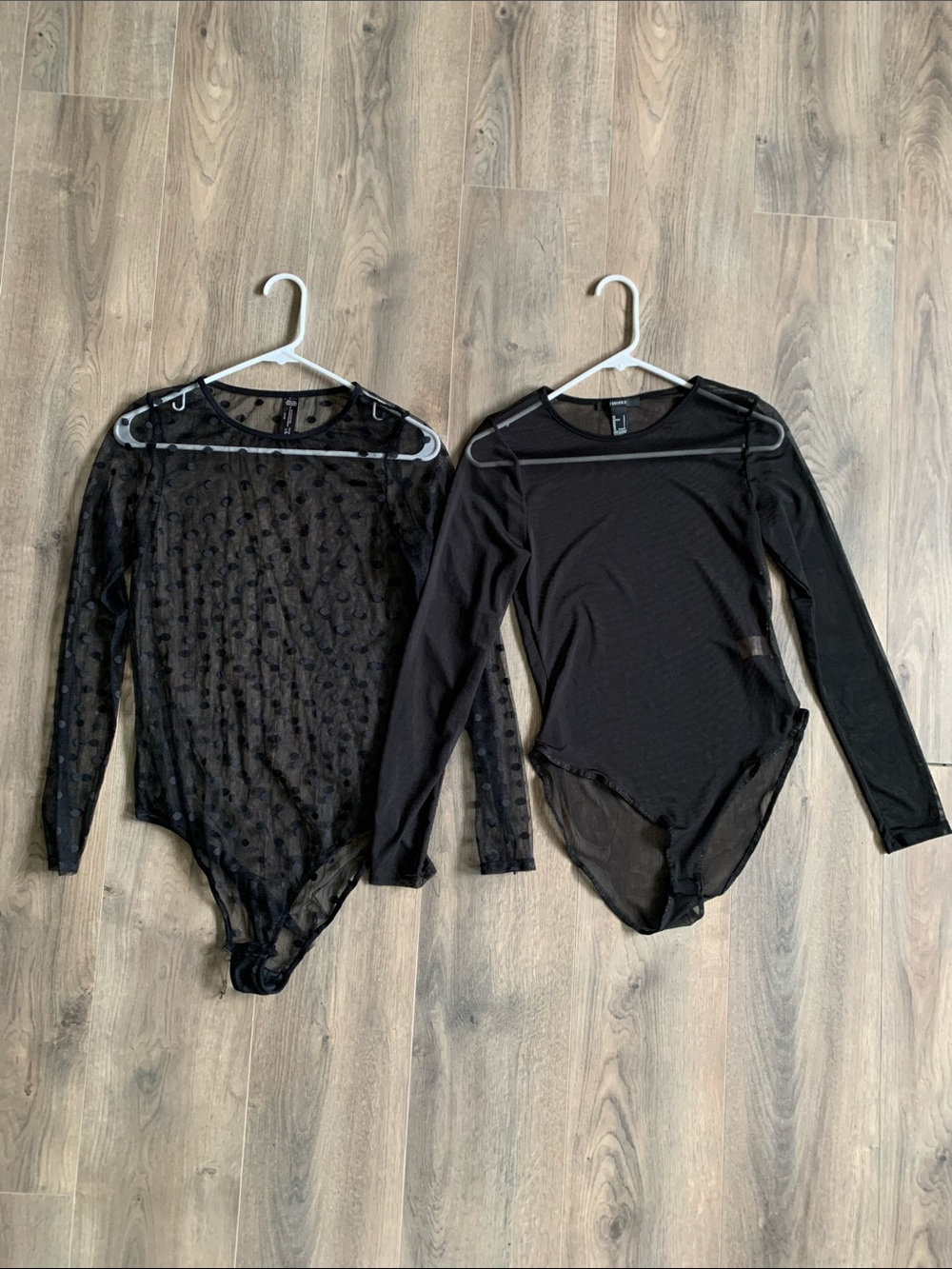 2 sheer black bodysuits 1 polka dot, 1 solid- forever 21 large